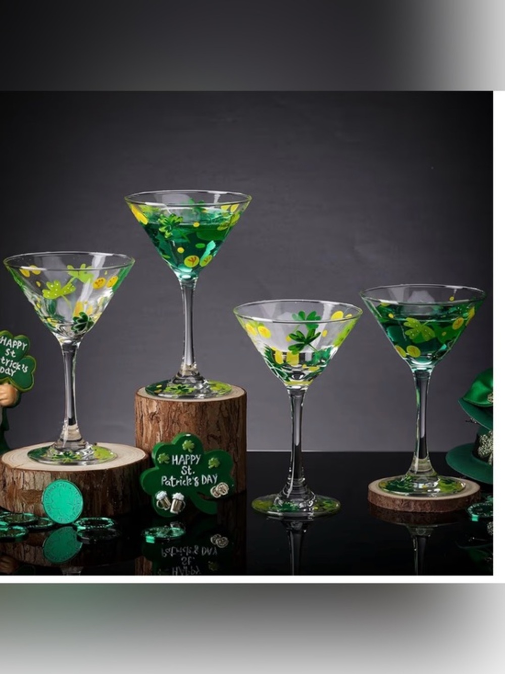 Set Of 4 hand painted st Patrick’s day Martini Glasses new